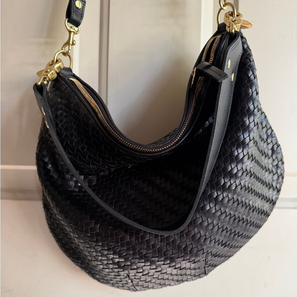 Clare V Moyen Messenger Black Woven Zig-Zag Bag